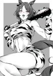  1girl animal_ears animal_print blush breasts commentary ear_ribbon grey_background highres holding holding_mace holding_weapon horse_ears horse_girl horse_tail looking_at_viewer medium_breasts midriff monochrome navel oni_costume open_mouth pink_eyes sakura_laurel_(umamusume) short_hair solo sugarbeat symbol-only_commentary tail teeth thighs tiger_print two-tone_background umamusume upper_teeth_only weapon white_background 