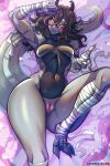 anthro bandage blush claws digital_media_(artwork) dragon female genitals grey_body hair hi_res horn leonifa looking_at_viewer nude pussy scalie smile solo tail yellow_eyes