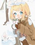  1girl aqua_eyes blonde_hair blue_eyes bow crypton_future_media dousanmai hair_bow hair_ornament hair_ribbon hairclip kagamine_rin looking_at_viewer open_mouth piapro ribbon short_hair smile snow snowman solo vocaloid winter 