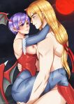  bat_wings boots breasts breasts_out clothed_sex demon_girl head_wings holding ken_masters lilith_aensland moon night night_sky non-web_source nude pantyhose red_footwear red_moon sex short_hair sky small_breasts street_fighter street_fighter_vs._darkstalkers vampire_(game) wings 