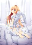 1girl absurdres angel angel_wings arms_at_sides bandaged_leg bandages bare_shoulders barefoot blonde_hair blue_eyes blurry_edges blush closed_mouth commentary crossed_bangs curtains dress eyes_visible_through_hair feathered_wings feet floating_hair from_behind full_body hair_between_eyes hair_intakes halo highres hiragana_iroiro indoors long_hair looking_at_viewer looking_back off-shoulder_dress off_shoulder original pillow smile soles solo toes white_dress white_wings white_wrist_cuffs wings wrist_cuffs 