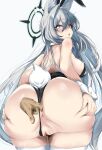 1girl absurdres alternate_costume anal_fingering animal_ear_fluff anus ass bare_shoulders blue_archive blue_eyes breasts closed_mouth commentary_request fingering from_behind grey_hair halo highres leotard long_hair looking_back medium_breasts nagisa_(imizogami) nontraditional_playboy_bunny pussy pussy_juice shiroko_(blue_archive) shiroko_terror_(blue_archive) simple_background solo_focus strapless strapless_leotard tail thighhighs very_long_hair white_background white_thighhighs 