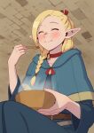  1girl belt blonde_hair blue_capelet blue_robe blush bowl braid brown_belt capelet choker closed_eyes closed_mouth dungeon_meshi eating fork hair_over_shoulder hand_up highres holding holding_bowl holding_fork long_hair long_sleeves marcille_donato multiple_braids pointy_ears porupurucha red_choker robe sitting smile solo variant_set 