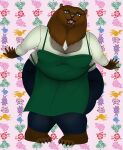  absurd_res anthro apron bottomwear clothing cute_face cute_pose denim denim_clothing female flower hi_res jeans looking_at_viewer lovemummification luna_brown mammal overweight pants patterns plant smile smiling_at_viewer solo top_(disambiguation) ursid 