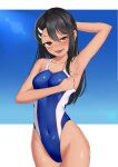  1girl absurdres arm_behind_head armpits bangs black_hair blue_swimsuit blush brown_eyes competition_swimsuit cowboy_shot dark_skin dark_skinned_female ear_clip earrings hair_ornament hairclip hand_up highleg highleg_swimsuit highres ijiranaide_nagatoro-san jewelry long_hair looking_at_viewer nagatoro_hayase nose_blush one-piece_swimsuit open_mouth parted_bangs pointing shinalpha shiny shiny_hair sidelocks simple_background smile solo swimsuit swimwear tan white_background 