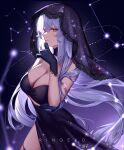  1girl absurdres alternate_costume aries_(constellation) arm_under_breasts bare_shoulders black_dress black_gloves black_swan_(honkai:_star_rail) black_veil breast_hold breasts cleavage closed_mouth commentary constellation dress english_commentary glitter gloves hair_between_eyes hand_on_own_arm highres holding_own_arm honkai:_star_rail honkai_(series) long_hair looking_at_viewer purple_dress purple_eyes purple_hair ringeko-chan sleeveless sleeveless_dress smile solo sparkle star_(sky) veil very_long_hair 