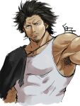 1boy armpit_hair armpits bara black_capelet black_hair capelet covered_abs dark_skin dark_skinned_male facial_hair frown goatee highres kirupi large_pectorals looking_at_viewer male_focus mature_male messy_hair muscular muscular_male pectorals short_hair sidepec single_bare_shoulder solo stubble tank_top upper_body white_tank_top yami_sukehiro 