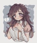  1girl apron bandaged_arm bandages bangs black_eyes blush broken_heart brown_hair collared_shirt cropped_torso crying crying_with_eyes_open danganronpa_(series) danganronpa_2:_goodbye_despair eyebrows_visible_through_hair grey_background hands_on_own_chest hands_up highres kara_aren mole mole_under_eye open_mouth pink_shirt puffy_short_sleeves puffy_sleeves shirt short_sleeves solo tears tsumiki_mikan upper_body white_apron white_background 