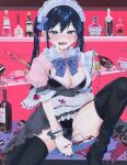  1girl acrylic_paint_(medium) alcohol aotan_(aorin114) apron black_bra black_panties black_thighhighs blue_eyes blue_hair blush bow bowtie bra breasts broken_bottle cleavage cleavage_cutout clothes_lift clothing_cutout commentary_request cup dress dress_lift drinking_glass drunk ear_piercing fangs frilled_bra frills hair_bow heart heart-shaped_pupils highres holding holding_cup industrial_piercing large_breasts long_hair maid maid_apron maid_headdress open_mouth original painting_(medium) panties piercing sitting solo spill sweat symbol-shaped_pupils thighhighs traditional_media twintails underwear white_apron wine wine_glass 