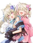  2girls animal_ear_fluff animal_ears animal_hands blonde_hair blue_hair blue_kimono breasts closed_eyes dog_ears dog_girl dog_paws flower fuwawa_abyssgard fuwawa_abyssgard_(new_year) hair_flower hair_ornament highres hololive hololive_english hug japanese_clothes kimono large_breasts looking_at_viewer mococo_abyssgard mococo_abyssgard_(new_year) multicolored_hair multiple_girls official_alternate_costume open_mouth pink_eyes pink_hair pink_kimono siblings sisters sleeveless sleeveless_kimono smile streaked_hair tomozoo83 twins virtual_youtuber 
