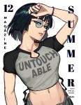  1girl arm_up atoroux breasts clothes_writing cover crop_top cropped_shirt fubuki_(one-punch_man) glasses green_eyes grey_pants highres looking_at_viewer magazine_cover midriff navel one-punch_man pants shirt short_hair t-shirt 