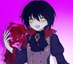  1boy ascot black_ascot black_hair black_shirt blush facing_viewer fangs gradient_background grey_background grey_vest highres long_sleeves looking_to_the_side mahoutsukai_no_yakusoku male_focus multicolored_background open_mouth purple_background shirt short_hair smile solo vampire vest white_(mahoutsukai_no_yakusoku) xiyuqian yellow_eyes 