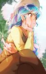  1girl arakan blue_hair crossed_legs day highres index_finger_raised long_hair lum oni orange_eyes outdoors pointy_ears sitting solo sweater urusei_yatsura white_headwear yellow_sweater 