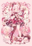  1girl :d asymmetrical_legwear brown_thighhighs full_body highres hyou_(pixiv3677917) original pink_background pink_eyes pink_hair pink_ribbon ribbon smile tagme thighhighs uneven_legwear valentine white_thighhighs 