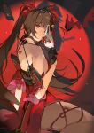  1girl absurdres bare_shoulders black_gloves brown_hair cmdr_saturn commentary_request dress fox_mask gloves half_gloves hand_up highres holding holding_mask honkai:_star_rail honkai_(series) long_hair looking_at_viewer looking_back mask mole mole_under_eye pink_eyes red_dress shadow sitting smile solo sparkle_(honkai:_star_rail) spotlight thighs twintails 
