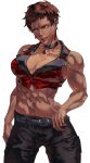  1girl abs belt black_pants breasts brown_hair choker cleavage dark-skinned_female dark_skin earrings evil_smile fingernails highres jewelry muscular muscular_female pants red_eyes red_shirt sharp_fingernails shirt short_hair slit_pupils smile syachiiro the_king_of_fighters vice_(kof) 