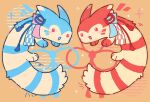  :3 animalization blue_fur blue_ribbon flower_knot furret hakurei_choumu highres kotonoha_akane kotonoha_aoi no_humans open_mouth orange_background pink_ribbon pokemon pokemon_(creature) red_eyes red_fur red_ribbon ribbon siblings side-by-side sisters sparkle symmetry voiceroid 