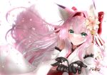  1girl absurdres animal_ear_fluff animal_ears artist_name azur_lane bare_shoulders black_gloves flower fox_ears fox_girl fox_tail gloves gold_trim green_eyes hair_flower hair_ornament hairband hanazuki_(azur_lane) highres japanese_clothes kimono large_tail looking_at_viewer nako_nya pink_hair pink_tail red_hairband simple_background sleeveless sleeveless_kimono solo tail white_background white_kimono 