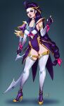  1girl artist_name black_nails cameltoe collarbone contrapposto diana_(league_of_legends) fingerless_gloves full_body gloves gradient_background hair_ribbon hand_up high_heels highres league_of_legends long_hair nail_polish pink_ribbon purple_gloves purple_lips ribbon shoes solo standing teeth thighhighs white_thighhighs xinaelle 