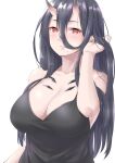  1girl abyssal_ship bad_anatomy bad_perspective bangs battleship_princess black_dress black_hair black_tank_top blush breasts cleavage collarbone dress eyebrows_visible_through_hair hair_between_eyes hand_in_hair highres horns kantai_collection large_breasts long_hair looking_at_viewer mole mole_under_eye oni_horns parted_lips red_eyes simple_background smile solo takomeshi tank_top upper_body white_background 