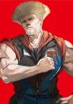  1boy black_pants black_shirt blonde_hair blue_pants blue_shirt closed_mouth facial_hair guile highres large_pectorals looking_at_viewer male_focus muscular muscular_male otsudou pants pectorals red_background red_shirt shirt short_hair simple_background solo street_fighter street_fighter_6 two-tone_pants two-tone_shirt 