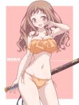  1girl bare_shoulders bikini breasts brown_eyes brown_hair cleavage cleft_of_venus commentary_request cowboy_shot dated frilled_bikini frills groin highres holding holding_behind_back holding_sword holding_weapon katana kikuchi_tsutomu looking_at_viewer navel open_mouth orange_bikini original pink_background sheath sheathed side-tie_bikini_bottom smile solo standing strapless strapless_bikini string_bikini swimsuit sword weapon 