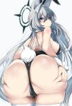  1girl absurdres alternate_costume animal_ear_fluff ass bare_shoulders blue_archive blue_eyes breasts closed_mouth commentary_request from_behind grey_hair halo highres leotard long_hair looking_back medium_breasts nagisa_(imizogami) nontraditional_playboy_bunny shiroko_(blue_archive) shiroko_terror_(blue_archive) simple_background solo strapless strapless_leotard tail thighhighs very_long_hair white_background white_thighhighs 