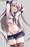  1girl absurdres amatsukaze_(kancolle) armpits black_hairband black_panties blue_sailor_collar blue_skirt blush brown_eyes cosplay elbow_gloves gloves grey_background grey_hair hair_tubes hairband highleg highleg_panties highres kantai_collection long_hair looking_at_viewer microskirt mizuki_(uzuki_no_sato) navel open_mouth panties sailor_collar shimakaze_(kancolle) shimakaze_(kancolle)_(cosplay) skirt solo striped_clothes striped_thighhighs thighhighs thighs twitter_username two_side_up underwear white_gloves 