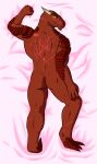  3_toes 4_fingers animal_humanoid annoyed anthro big_muscles blood bodily_fluids broken_horn butt claws dakimakura_design dragon dragon_humanoid feet fingers frown glare hi_res horn humanoid illogicaljumble looking_at_viewer lying male muscular nude on_front pupils rear_view red_body scar slit_pupils solo toes 