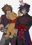  2boys animal animal_on_head arm_up bear belt black_bodysuit black_eyes black_hair black_jacket black_pants black_shirt bodysuit bright_pupils brown_hair cape cargo_pants chain_necklace closed_eyes commentary fingerless_gloves gloves grey_background happy highres holding holding_animal jacket jewelry kingdom_hearts kingdom_hearts_iii male_focus multicolored_clothes multicolored_gloves multiple_boys necklace oimo_(oimkimn) on_head open_clothes open_jacket open_mouth pants pig piglet_(winnie_the_pooh) pooh purple_cape red_belt red_shirt rolling_eyes shirt short_hair short_sleeves simple_background smile sora_(kingdom_hearts) spiked_hair teeth unamused upper_body upper_teeth_only v-neck vanitas_(kingdom_hearts) waist_cape winnie_the_pooh yellow_eyes 
