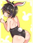  1girl animal_ears ass back black_hair black_leotard closed_mouth cougar_(cougar1404) cowboy_shot fake_animal_ears fake_tail from_behind leaning_forward leotard light_frown looking_at_viewer looking_back nari_(cougar1404) original rabbit_ears rabbit_tail short_hair solo standing strapless strapless_leotard tail yellow_background yellow_eyes 
