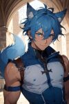  ai-generated blue_eyes blue_hair l&amp;s lycan male_focus non-web_source original smile tan wolf 