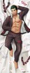  1boy abs absurdres bandaid bandaid_on_nose bara bare_pectorals barefoot black_hair blush brown_jacket brown_pants bulge dakimakura_(medium) dark_skin dark_skinned_male facial_hair formal full_body gloves gloves_removed goatee green_hair highres jacket kyoichi_(live_a_hero) live_a_hero looking_at_viewer lying male_focus multicolored_hair muscular muscular_male ninomiya_reisui_(chieh_ren) nipples on_back on_bed open_clothes open_jacket pants pectorals short_hair sideburns smile solo stomach streaked_hair suit whistle whistle_around_neck 