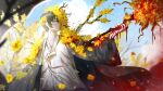  1boy bags_under_eyes black_hair blood blood_on_clothes blood_on_flower blood_on_hands branch closed_mouth coat e.g.o_(project_moon) flower game_cg grey_coat highres holding holding_branch limbus_company long_sleeves male_focus nai_ga official_art outdoors project_moon short_hair sidelocks solo standing tree white_hanbok wide_sleeves yellow_eyes yellow_flower yi_sang_(project_moon) 