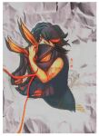  black_hair closed_eyes hug kamui_(kill_la_kill) kill_la_kill life_fiber living_clothes matoi_ryuuko mixed_media multicolored_hair red_hair revealing_clothes senketsu sepia short_hair streaked_hair the_longfall_of_1979 two-tone_hair 