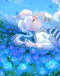  1girl blue_flower blue_sky blurry closed_mouth cloud commentary depth_of_field dress drop_earrings earrings falling_petals field flower flower_field frieren green_eyes hand_up highres jewelry long_hair long_sleeves looking_up lying on_back outdoors petals shiromi sky smile solo sousou_no_frieren symbol-only_commentary twintails upper_body white_dress white_hair 