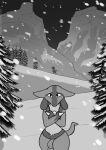 animal_genitalia anthro balls biped canid canine comic freckles_(artist) generation_4_pokemon genitals lucario male mammal monochrome nintendo plant pokemon pokemon_(species) sheath snow snowing solo tail tree