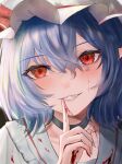  1girl ascot black_choker blood blood_from_mouth blood_on_clothes blood_on_face blue_hair choker cross fang hat hat_ribbon looking_at_viewer mob_cap red_eyes remilia_scarlet ribbon ropu_1 short_hair solo touhou vampire 