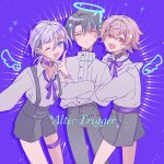  3boys absurdres arm_hug black_hair choker closed_mouth drawn_wings grey_hair grey_shirt grey_shorts halo highres itsuki_(paradox_live) long_sleeves low_ponytail male_focus medium_hair melting_halo miya_(38magical) multiple_boys natsume_ryu neck_ribbon one_eye_closed open_mouth orange_eyes paradox_live pink_hair purple_background purple_eyes purple_hair purple_ribbon red_eyes ribbon rokuta_(paradox_live) shirt short_hair shorts simple_background smile white_hair 