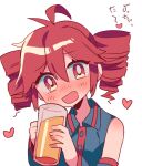  1girl ahoge alcohol bare_shoulders beer beer_mug black_shirt blush cup detached_sleeves drill_hair drunk fang full-face_blush hair_between_eyes heart holding holding_cup kasane_teto looking_at_viewer mug open_mouth red_eyes red_hair shirt sidelocks simple_background sleeveless sleeveless_shirt smile twin_drills utau white_background yuusuke-kun 