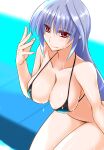  1girl bikini black_bikini breasts cleavage closed_mouth engo_(aquawatery) grey_hair halterneck large_breasts leaning_forward long_hair looking_at_viewer lyrical_nanoha poolside red_eyes reinforce sitting smile solo swimsuit wet 