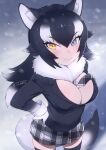  1girl :&gt; animal_ears black_hair black_thighhighs blue_eyes blush breasts cleavage coat fur_collar gloves grey_coat grey_hair grey_necktie grey_wolf_(kemono_friends) hair_between_eyes hands_on_own_hips heterochromia highres kemono_friends long_hair long_sleeves looking_at_viewer masuyama_ryou multicolored_hair necktie plaid plaid_necktie plaid_skirt pleated_skirt sidelocks skirt sleeve_cuffs smile snow snowing solo tail thighhighs white_fur white_gloves wolf_ears wolf_girl wolf_tail yellow_eyes zettai_ryouiki 