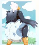 absurd_res accipitrid accipitriform animal_crossing anthro apollo_(animal_crossing) avian bald_eagle big_diaper bird blush clean_diaper clothing diaper eagle embarrassed extremius_amphibious hi_res looking_back male muscular muscular_male nintendo rear_view sea_eagle solo standing underwear