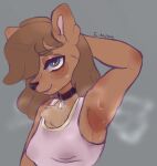 anthro artist_name bear bodily_fluids bra breasts brown_body brown_fur brown_hair chest_tuft clothed clothing collar female fur green_eyes hair kirumeow looking_at_viewer mammal moonie_(kirumeow) musk pink_bra pink_clothing pink_sports_bra pink_underwear raised_arm simple_background solo sports_bra sweat sweat_stain sweatdrop sweaty_armpit sweaty_breasts tuft underwear