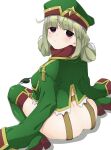  1girl araga_kiwi ass boots double_bun empty_eyes garter_belt green_footwear green_hair green_headwear hair_bun hat high_heels hinata_masaki leopard_(mahou_shoujo_ni_akogarete) long_sleeves looking_at_viewer looking_back mahou_shoujo_ni_akogarete military_hat mole mole_under_eye red_eyes simple_background sitting solo thigh_boots wariza white_background 