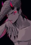  1boy black_background black_nails blood blood_from_mouth danganronpa:_trigger_happy_havoc danganronpa_(series) fangs hand_up horns looking_at_viewer male_focus medium_hair mondorian nail_polish nude owada_mondo pink_blood pink_eyes pompadour simple_background solo upper_body 