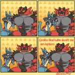  2021 anthro anthro_on_anthro balls bottle comic dasoupguy dialogue duo english_text erection genitals hi_res holding_object humanoid_genitalia humanoid_penis humor imminent_sex incineroar lube lucario male male/male multiple_scenes muscular muscular_anthro muscular_male nintendo nipples pecs penis pok&eacute;mon pok&eacute;mon_(species) size_difference sound_effects spikes spikes_(anatomy) text url video_games 