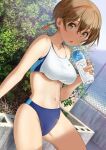  1girl asics blue_buruma blue_sky bottle brown_eyes brown_hair buruma chain-link_fence cloud commentary_request cowboy_shot day dutch_angle fence furuyama_itaru hairband logo looking_at_viewer midriff navel original outdoors red_hairband short_hair sky solo sports_bikini sports_bra water 