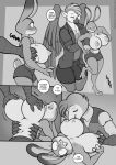 anthro areola avian beak big_breasts biped bird breasts bulge claws clothed clothing comic dialogue dipstick_ears disney duo english_text feathered_wings feathers female freckles_(artist) interspecies judy_hopps lagomorph leporid male male/female mammal monochrome multicolored_ears nipples owl rabbit scut_tail short_tail speech_bubble tail text wings zootopia