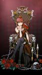  1girl black_footwear black_pantyhose bouquet breasts chainsaw_man crown dress flower high_heels highres large_breasts makima_(chainsaw_man) pantyhose red_dress red_hair red_headwear rose sitting skull solo tea_and_buns throne yellow_eyes 